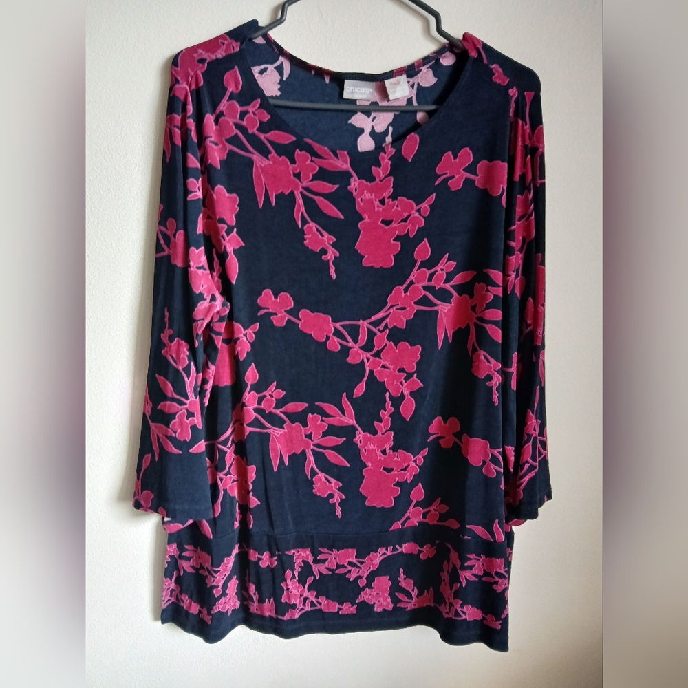 Chicos Travelers Tunic Size 12/14 Black Red Floral Cherry Blossom Print